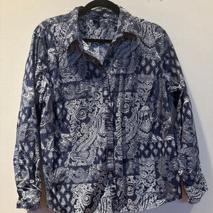 Women's CHAPS Blue & White Paisley Button Down Shirt Plus 1X